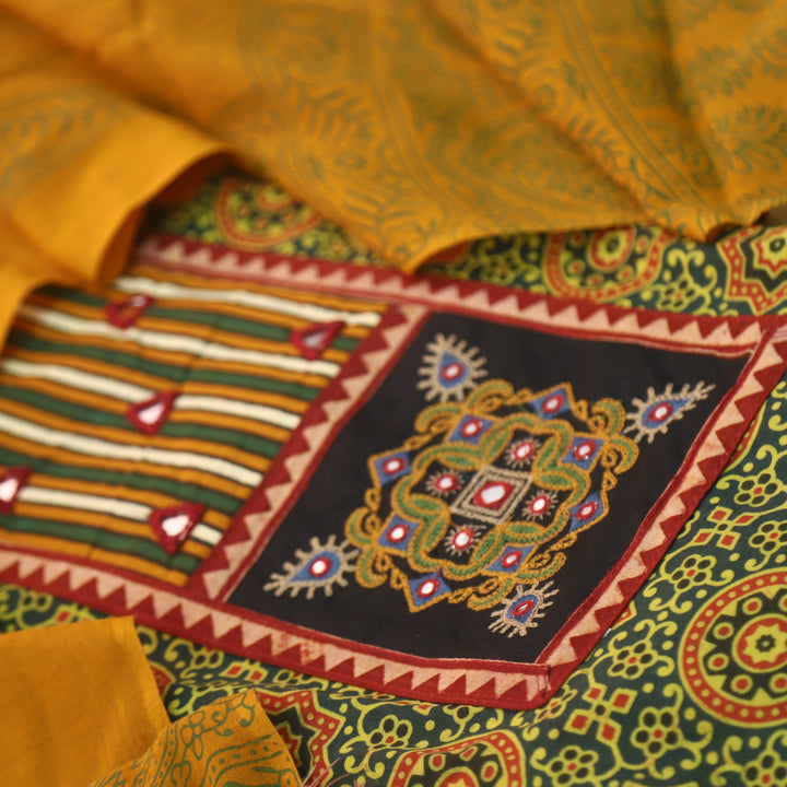 Chandni Grass Green Mirror Patch Work On Neck Ajrak Printed Cotton Suit Set