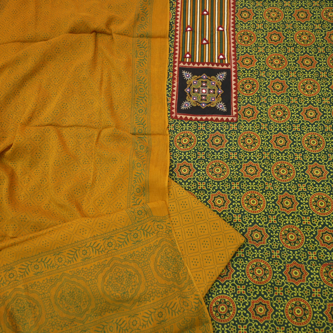Chandni Grass Green Mirror Patch Work On Neck Ajrak Printed Cotton Suit Set