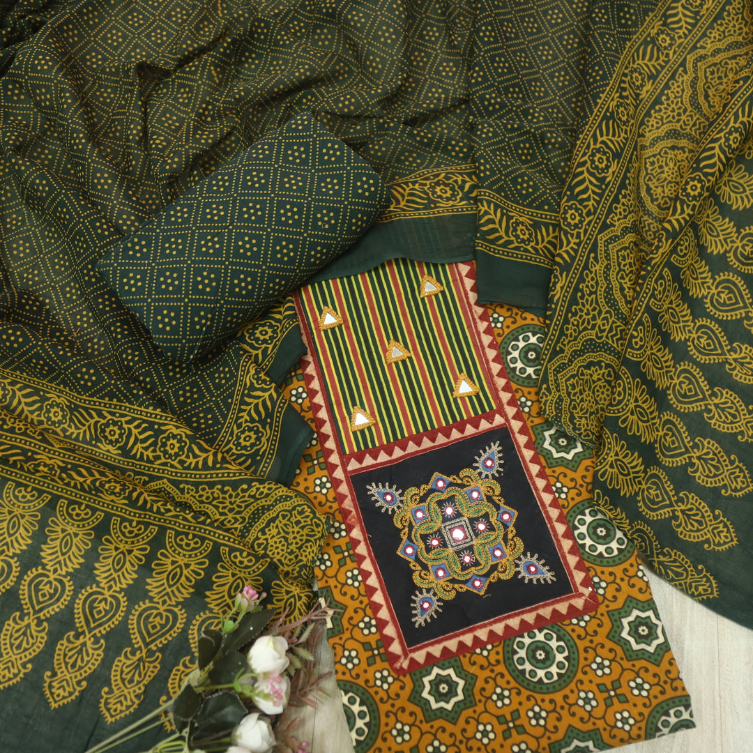 Chandni Dijon Yellow Mirror Patch Work On Neck Ajrak Printed Cotton Suit Set