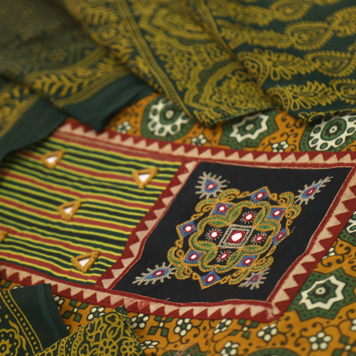 Chandni Dijon Yellow Mirror Patch Work On Neck Ajrak Printed Cotton Suit Set