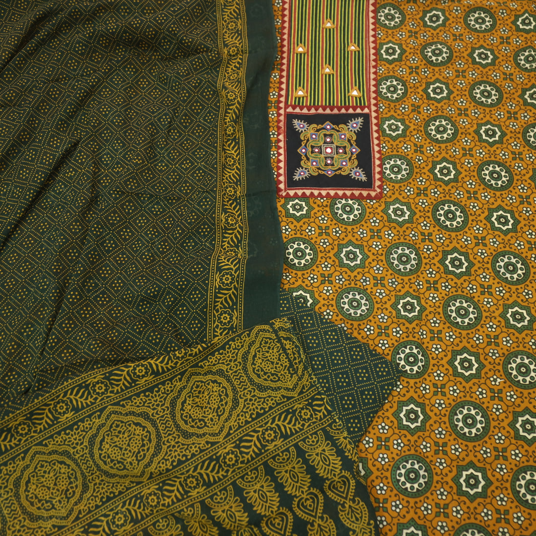 Chandni Dijon Yellow Mirror Patch Work On Neck Ajrak Printed Cotton Suit Set