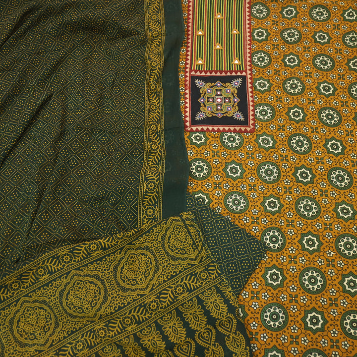 Chandni Dijon Yellow Mirror Patch Work On Neck Ajrak Printed Cotton Suit Set