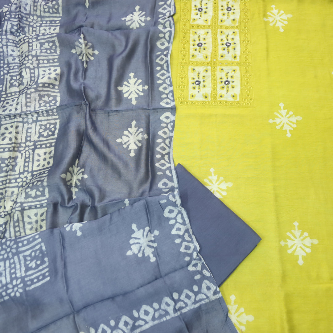 Gulshan Bright Yellow French Knot Batik Print Neck Chanderi Suit Set