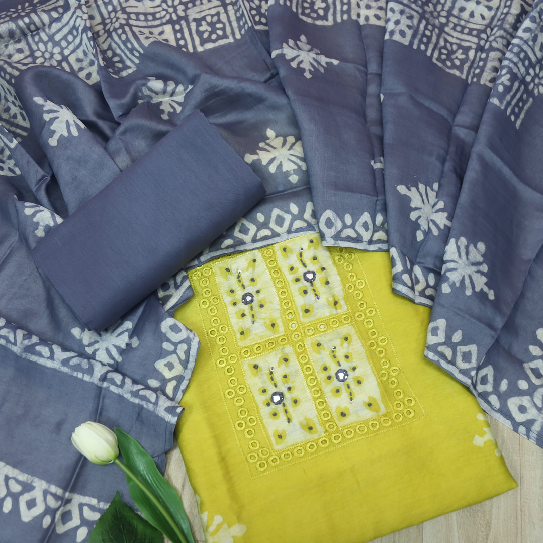 Gulshan Bright Yellow French Knot Batik Print Neck Chanderi Suit Set