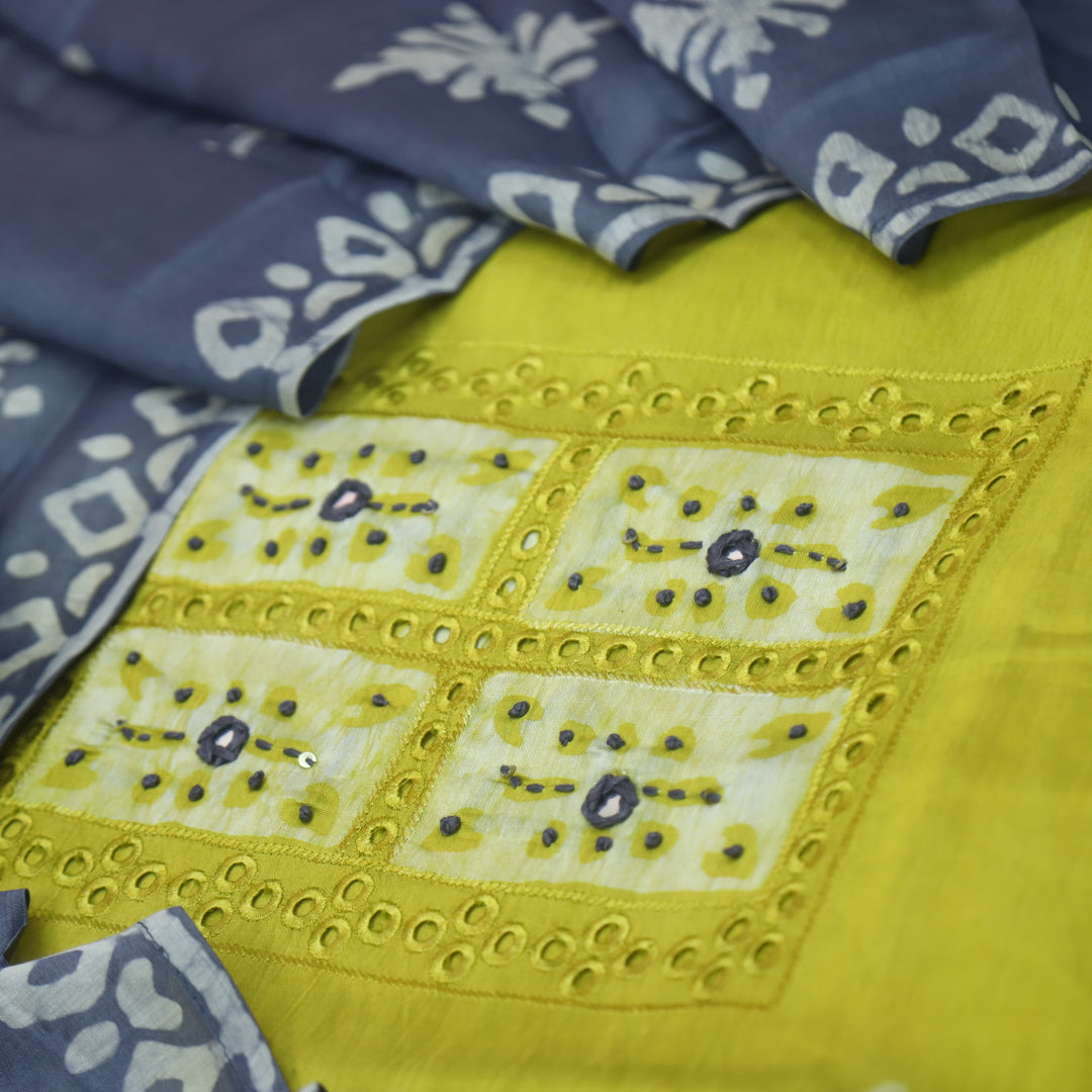 Gulshan Bright Yellow French Knot Batik Print Neck Chanderi Suit Set