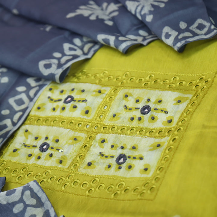 Gulshan Bright Yellow French Knot Batik Print Neck Chanderi Suit Set