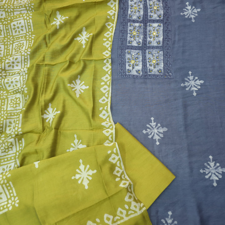 Gulshan Purplish Grey French Knot Batik Print Neck Chanderi Suit Set