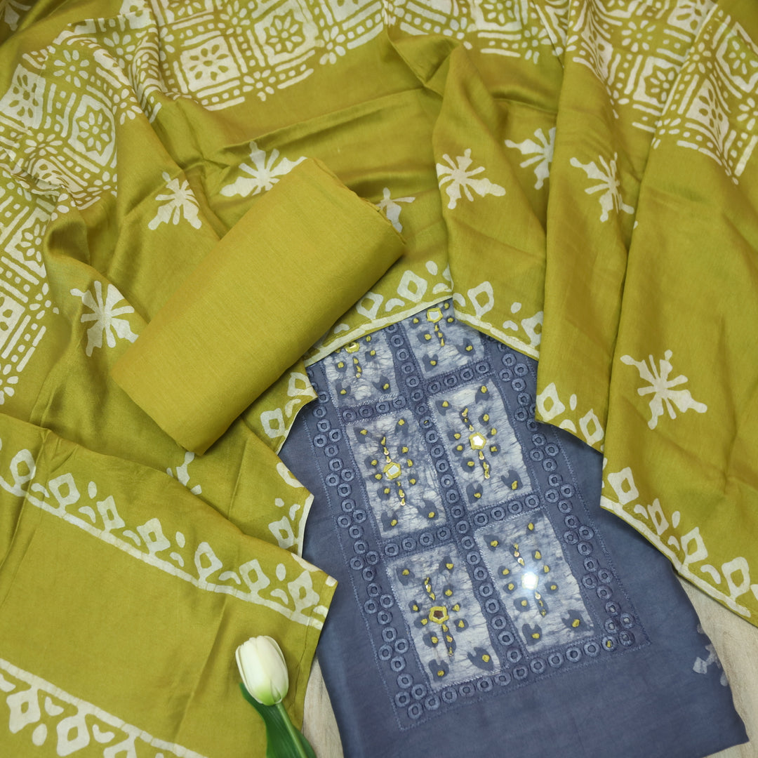 Gulshan Purplish Grey French Knot Batik Print Neck Chanderi Suit Set