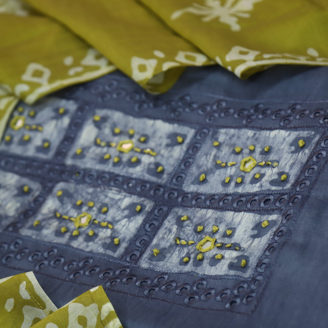 Gulshan Purplish Grey French Knot Batik Print Neck Chanderi Suit Set