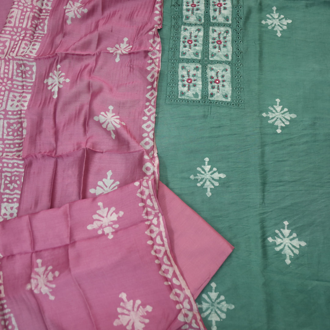 Gulshan Sage Green French Knot Batik Print Neck Chanderi Suit Set