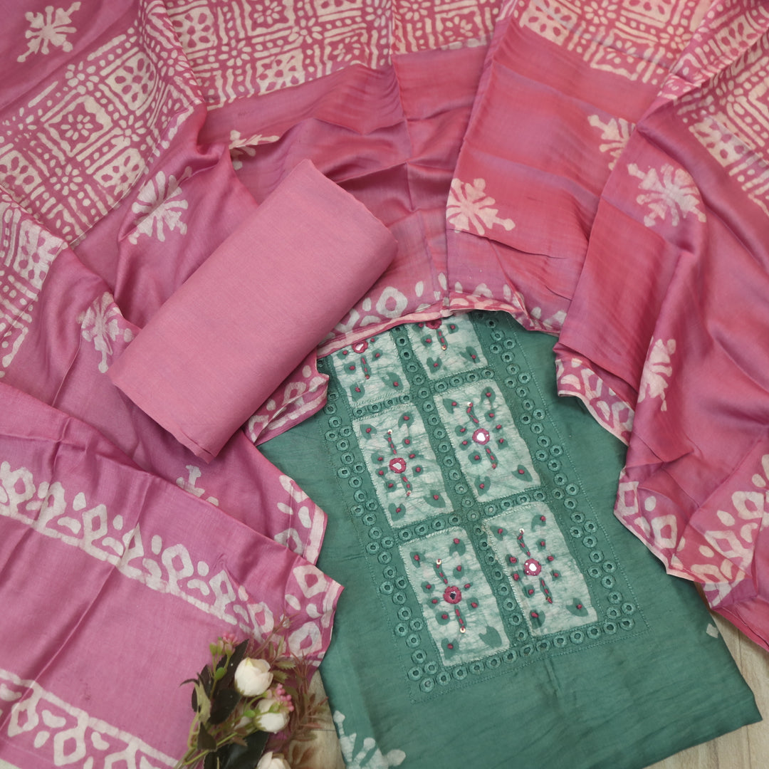 Gulshan Sage Green French Knot Batik Print Neck Chanderi Suit Set