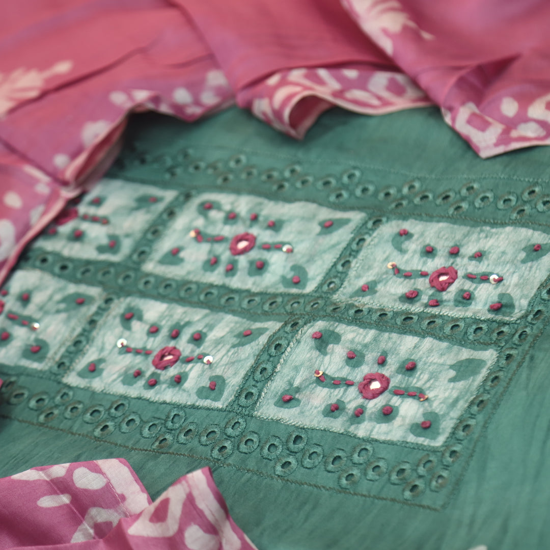 Gulshan Sage Green French Knot Batik Print Neck Chanderi Suit Set