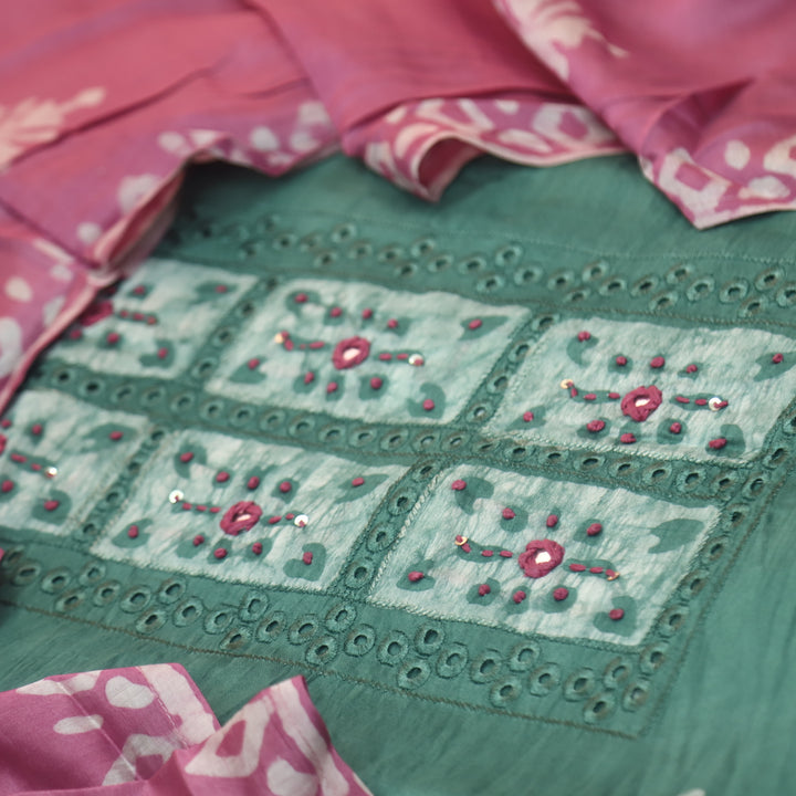 Gulshan Sage Green French Knot Batik Print Neck Chanderi Suit Set