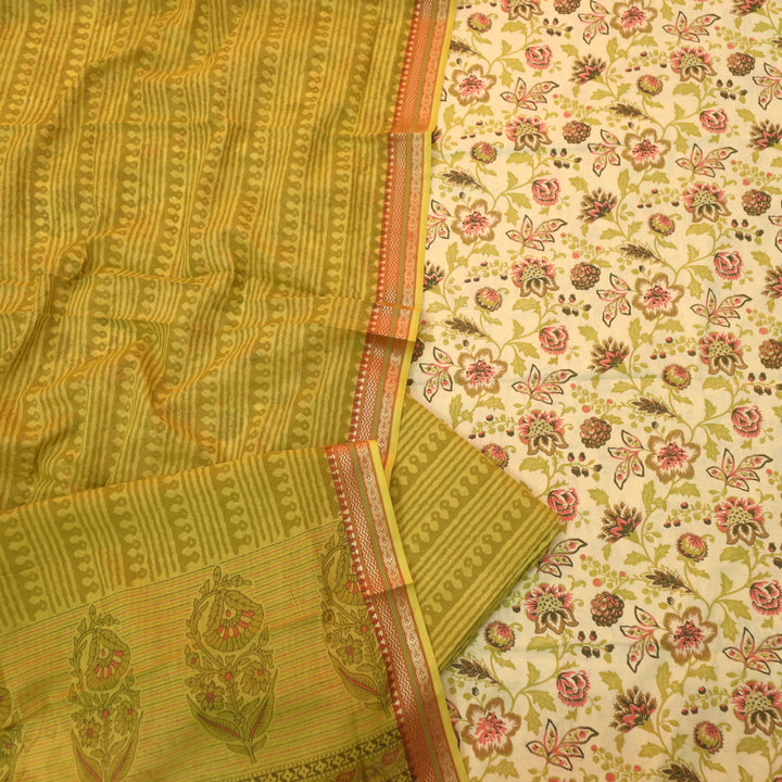 Ramaya Beige with Olive Green Floral Printed in Mangalgiri Hem Cotton Suit Set