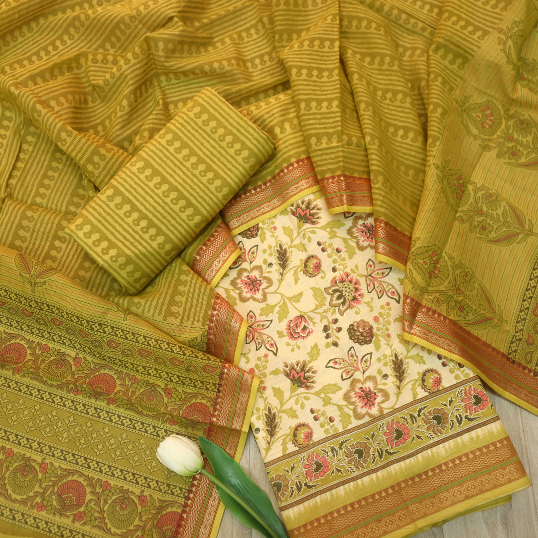 Ramaya Beige with Olive Green Floral Printed in Mangalgiri Hem Cotton Suit Set