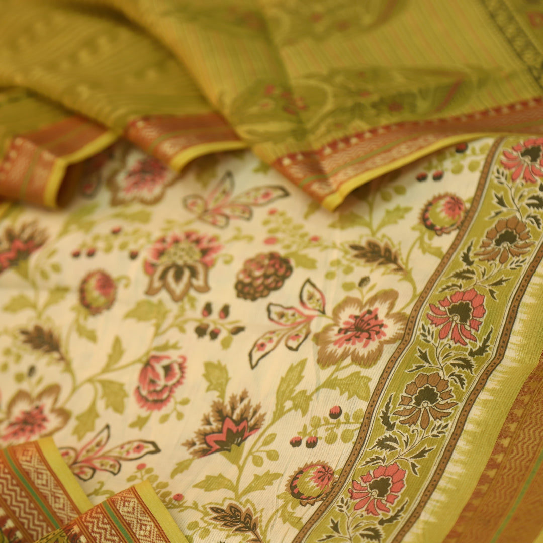 Ramaya Beige with Olive Green Floral Printed in Mangalgiri Hem Cotton Suit Set
