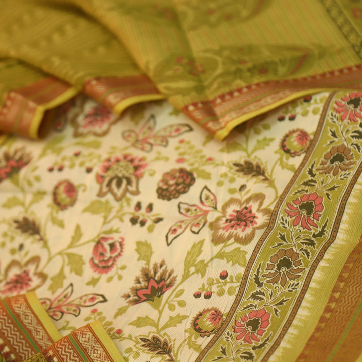 Ramaya Beige with Olive Green Floral Printed in Mangalgiri Hem Cotton Suit Set
