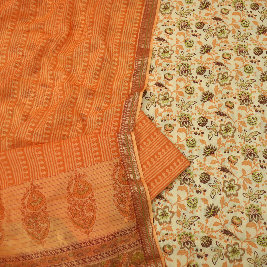Ramaya Beige with Tangy Orange Floral Printed in Mangalgiri Hem Cotton Suit Set