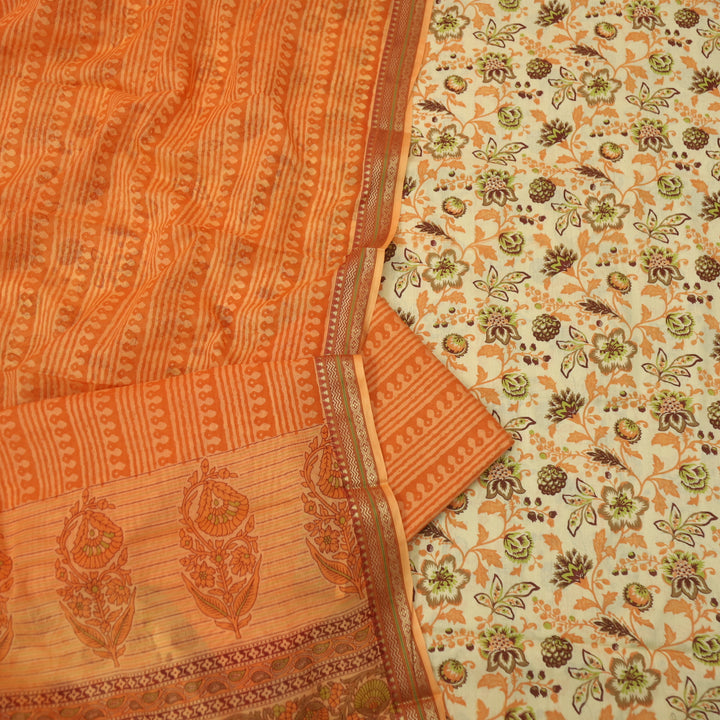 Ramaya Beige with Tangy Orange Floral Printed in Mangalgiri Hem Cotton Suit Set