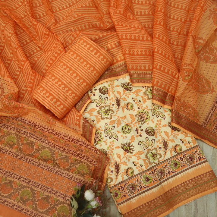 Ramaya Beige with Tangy Orange Floral Printed in Mangalgiri Hem Cotton Suit Set