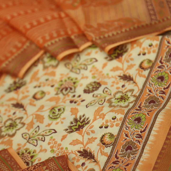 Ramaya Beige with Tangy Orange Floral Printed in Mangalgiri Hem Cotton Suit Set