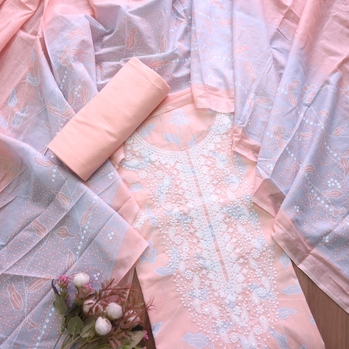 Rahi Soft Peach Thread Embroidered Work in Floral Print Cotton Suit Set