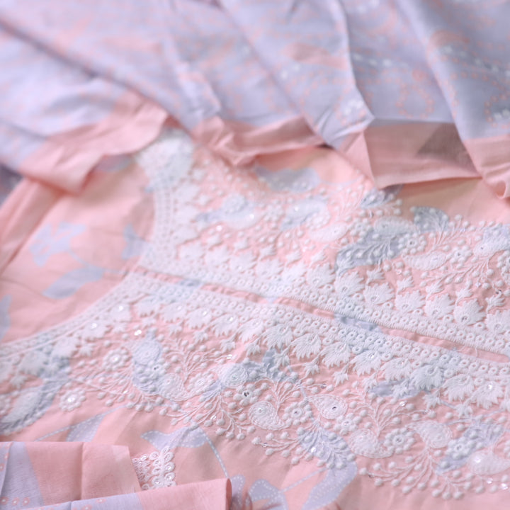 Rahi Soft Peach Thread Embroidered Work in Floral Print Cotton Suit Set