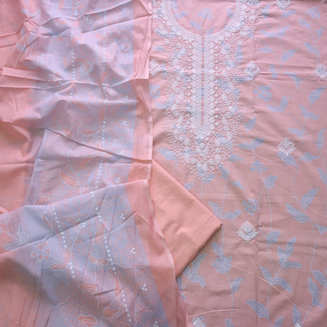 Rahi Soft Peach Thread Embroidered Work in Floral Print Cotton Suit Set