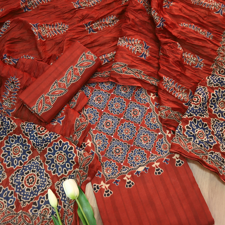 Ramaya Barn Red French Knot Patch Ajrak Print Cotton Suit Set