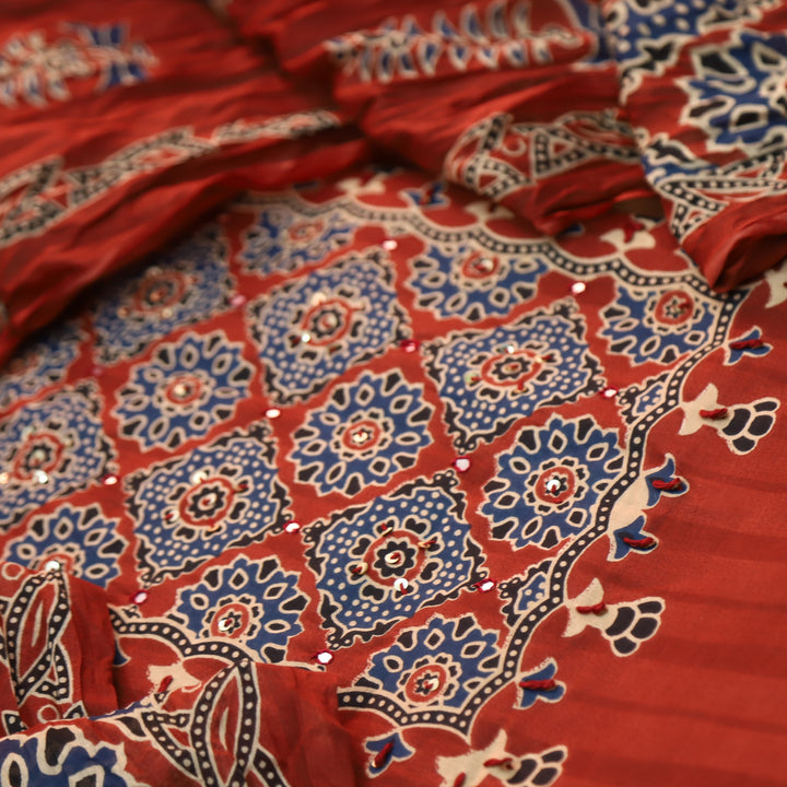 Ramaya Barn Red French Knot Patch Ajrak Print Cotton Suit Set