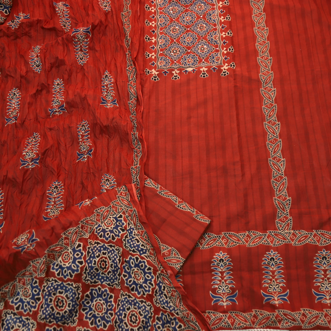 Ramaya Barn Red French Knot Patch Ajrak Print Cotton Suit Set