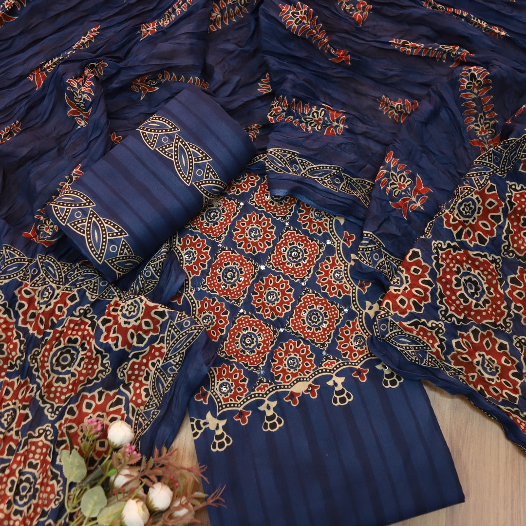 Ramaya Navy Blue French Knot Patch Ajrak Print Cotton Suit Set