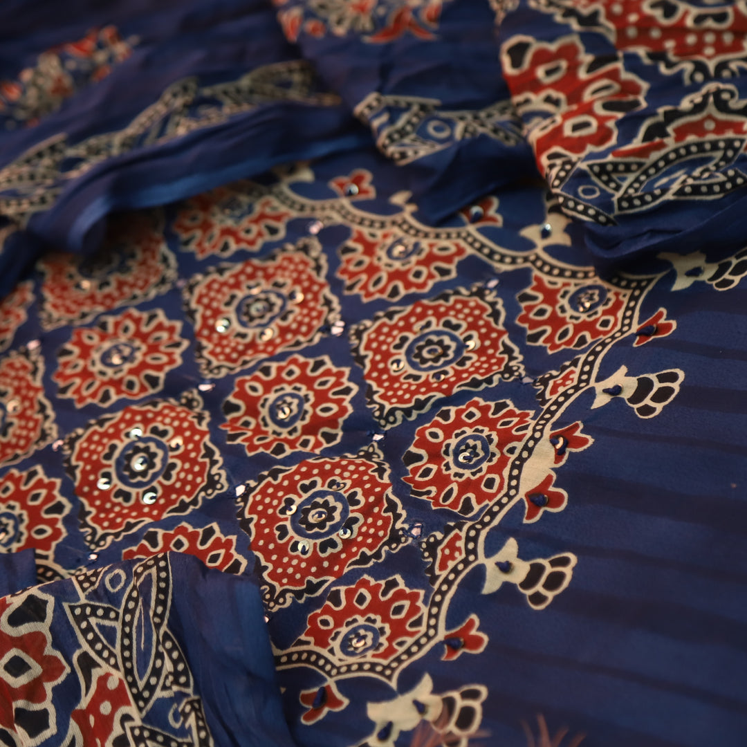 Ramaya Navy Blue French Knot Patch Ajrak Print Cotton Suit Set