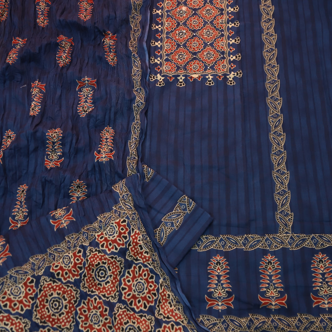 Ramaya Navy Blue French Knot Patch Ajrak Print Cotton Suit Set