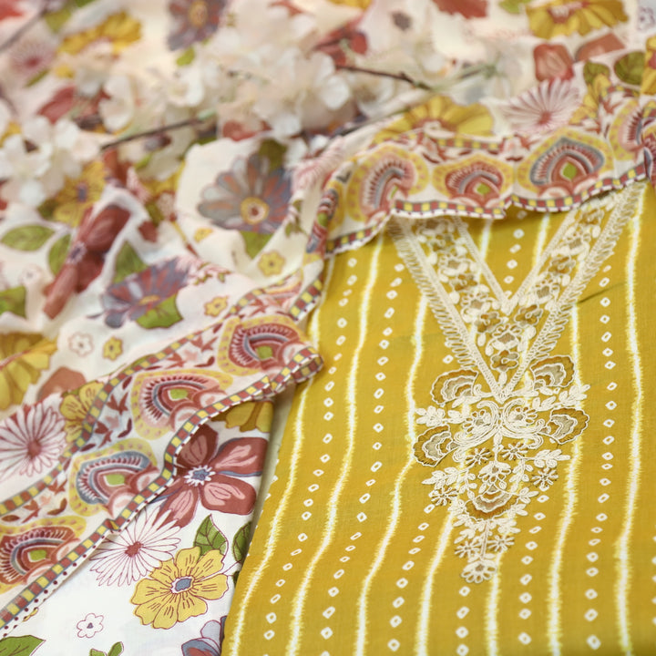 Mastana Dijon Yellow Bandhani Print Thread Work v Neck Cotton Suit Set