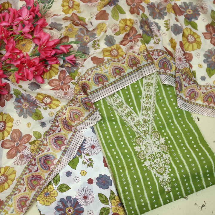Mastana Parrot Green Bandhani Print Thread Work v Neck Cotton Suit Set