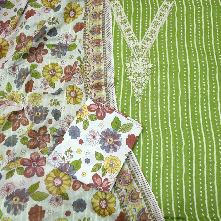 Mastana Parrot Green Bandhani Print Thread Work v Neck Cotton Suit Set