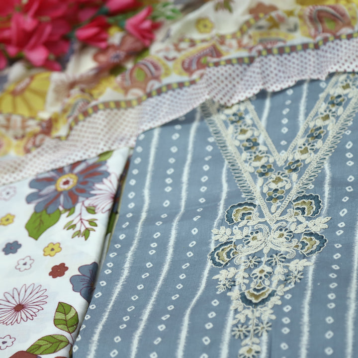 Mastana Slate Grey Bandhani Print Thread Work v Neck Cotton Suit Set