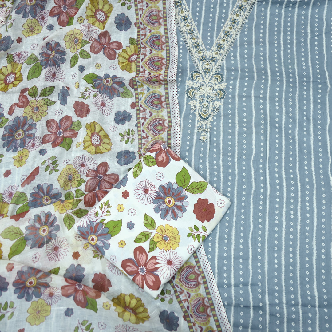 Mastana Slate Grey Bandhani Print Thread Work v Neck Cotton Suit Set