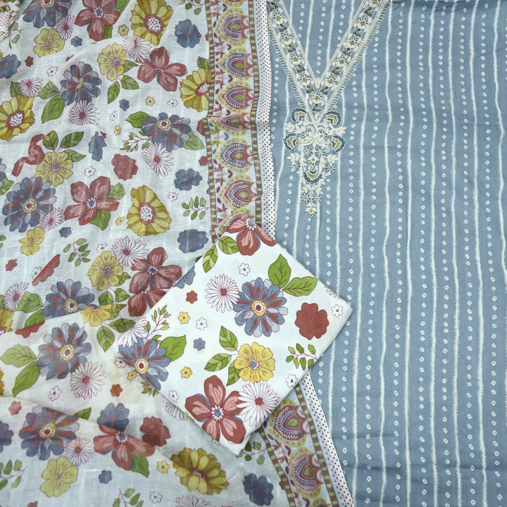 Mastana Slate Grey Bandhani Print Thread Work v Neck Cotton Suit Set
