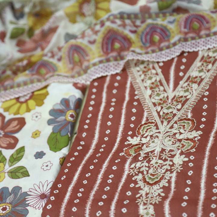 Mastana Barn Red Bandhani Print Thread Work v Neck Cotton Suit Set