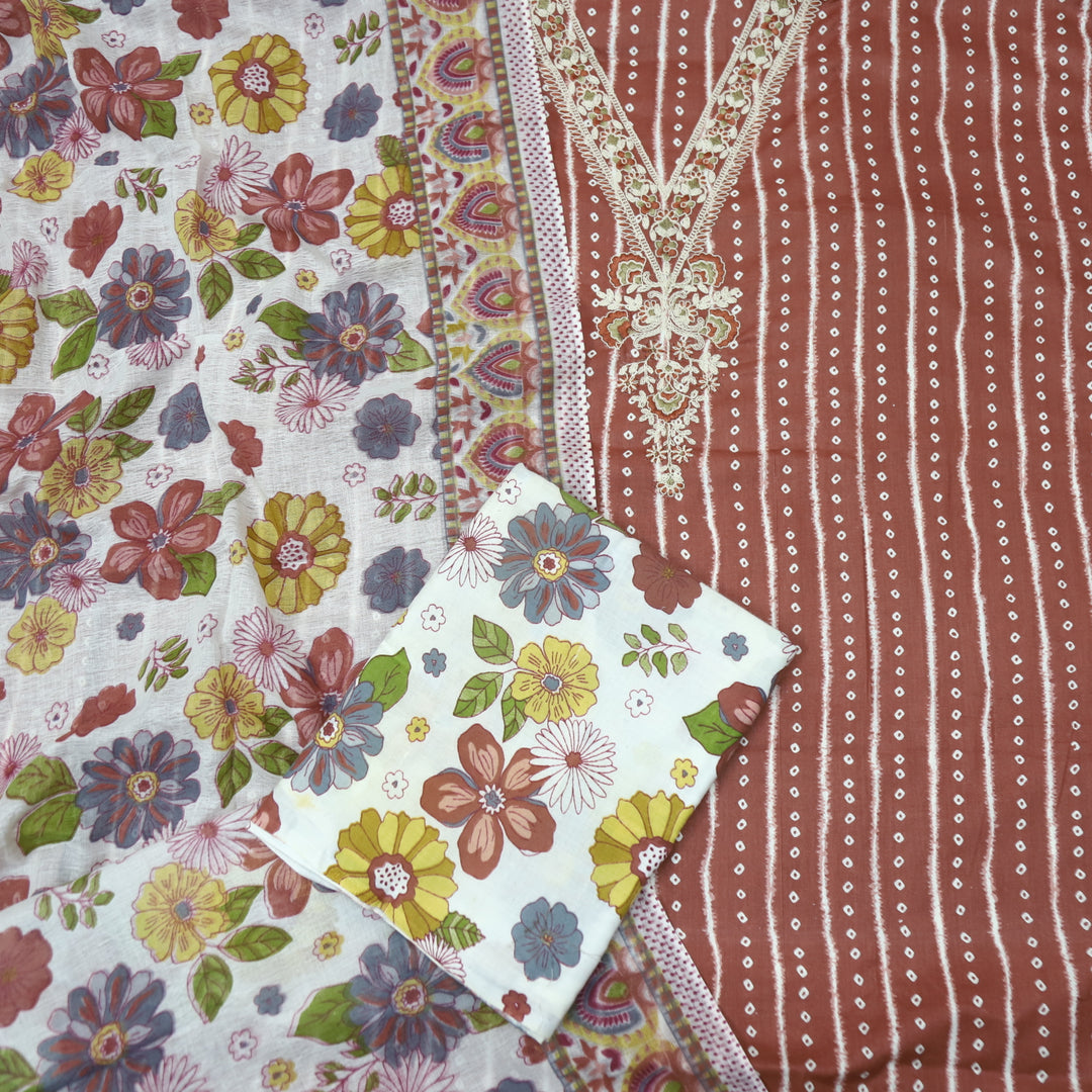 Mastana Barn Red Bandhani Print Thread Work v Neck Cotton Suit Set