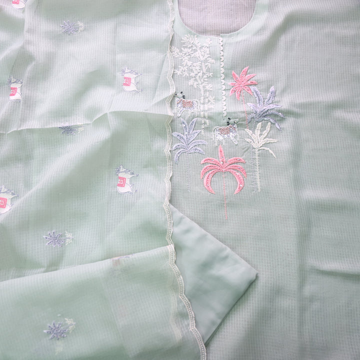 Sundri Mint Green Pichwai Thread Embroidery with Moti Work Kota Doriya Set