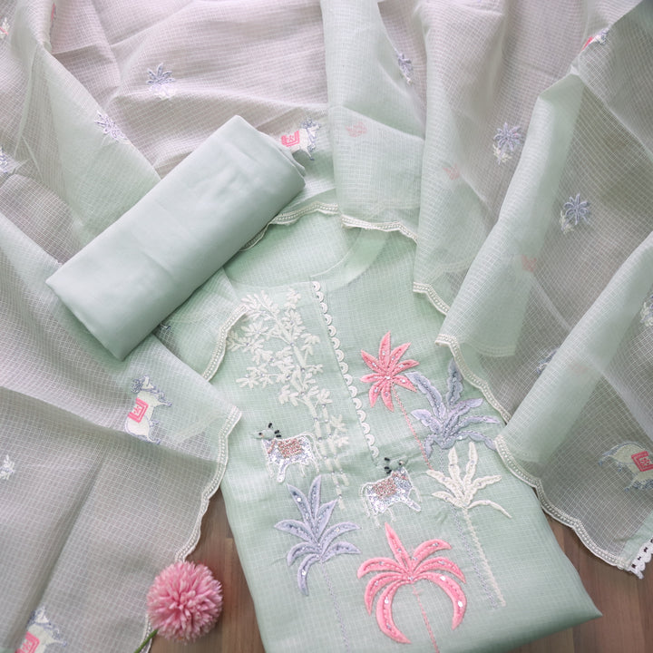 Sundri Mint Green Pichwai Thread Embroidery with Moti Work Kota Doriya Set