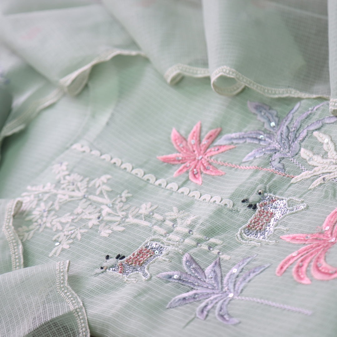 Sundri Mint Green Pichwai Thread Embroidery with Moti Work Kota Doriya Set