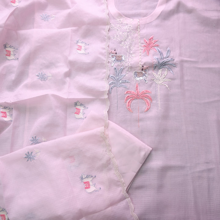 Sundri Bubblegum Pink Pichwai Thread Embroidery with Moti Work Kota Doriya Set
