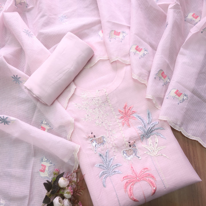 Sundri Bubblegum Pink Pichwai Thread Embroidery with Moti Work Kota Doriya Set