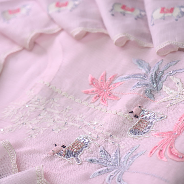 Sundri Bubblegum Pink Pichwai Thread Embroidery with Moti Work Kota Doriya Set