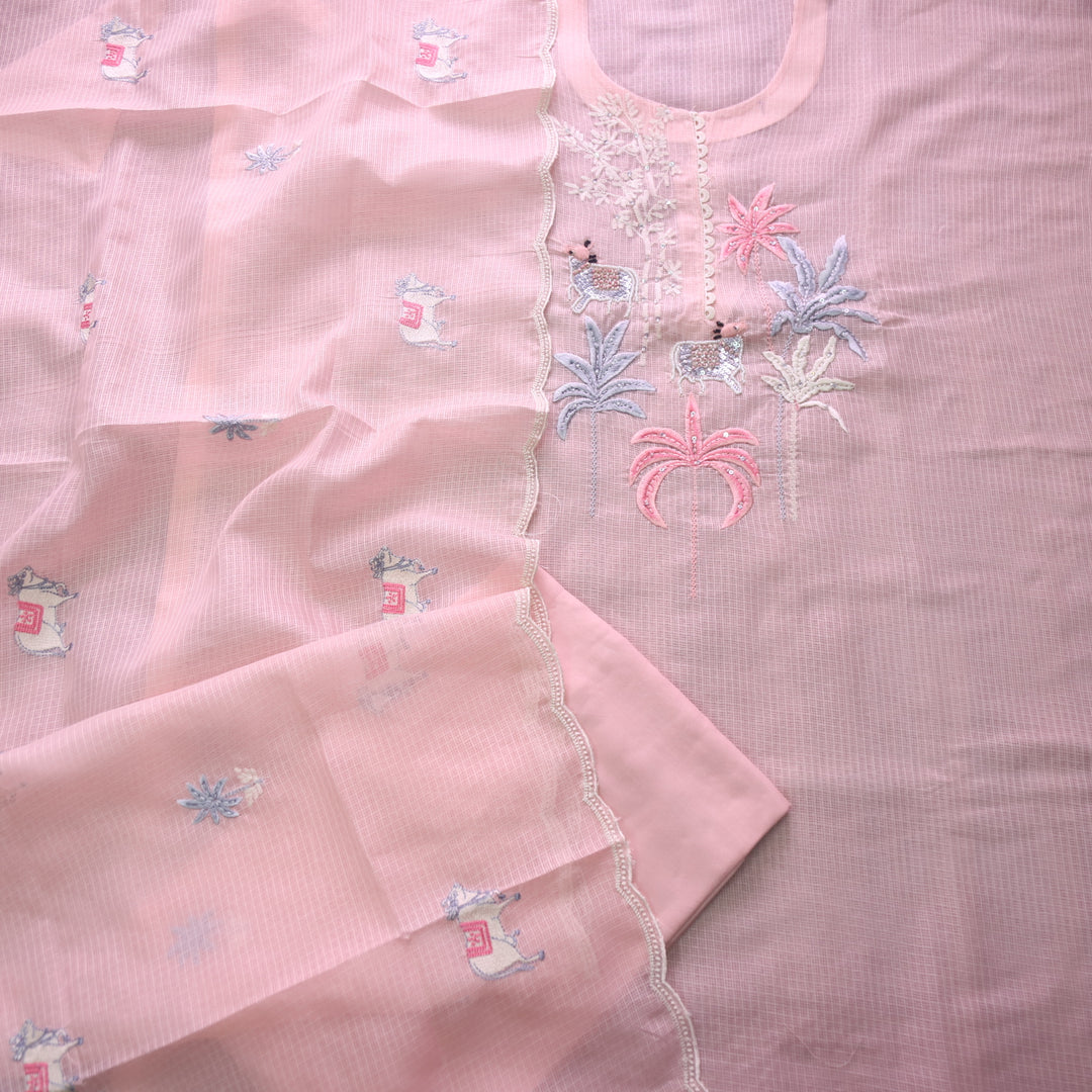Sundri Pastel Peach Pichwai Thread Embroidery with Moti Work Kota Doriya Set