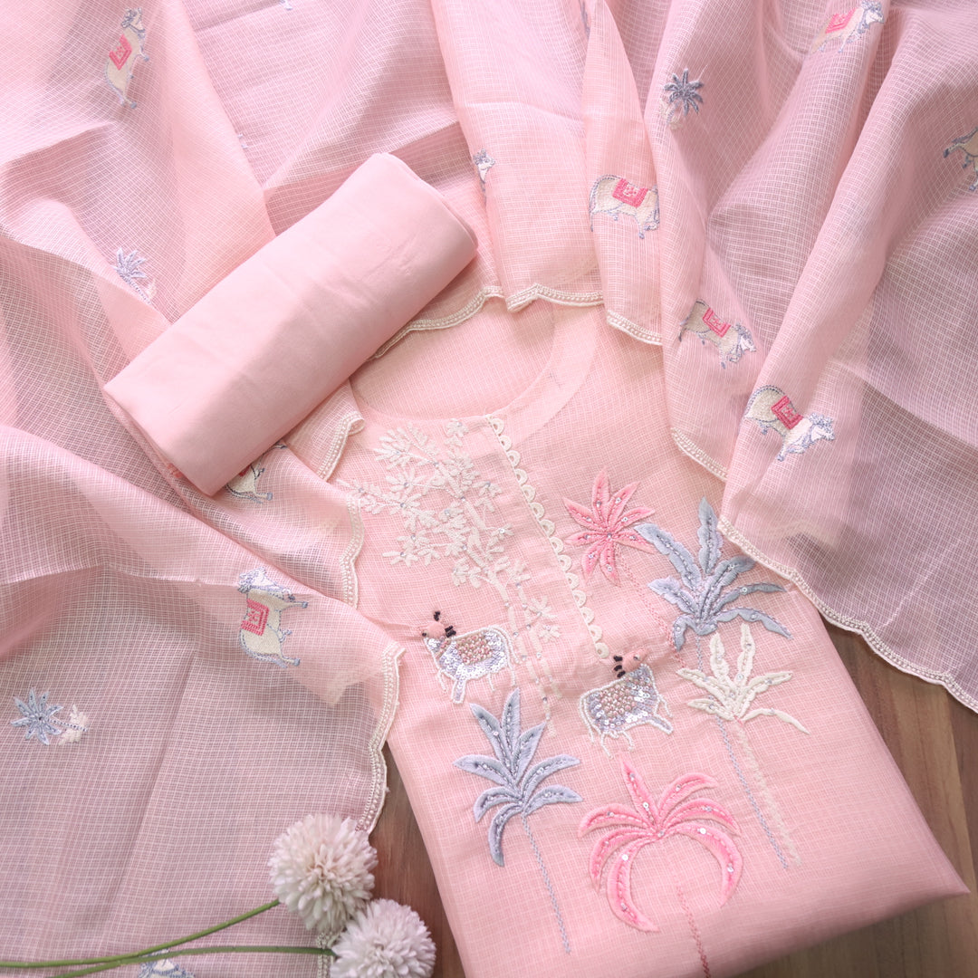 Sundri Pastel Peach Pichwai Thread Embroidery with Moti Work Kota Doriya Set